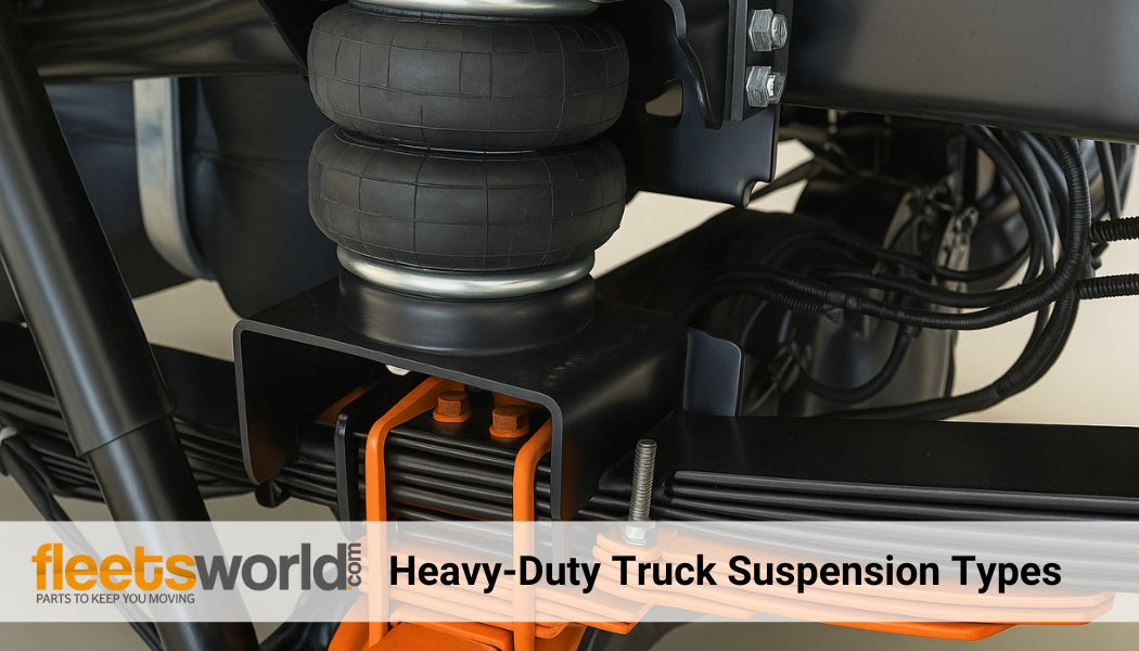 Close-up view of a heavy-duty truck suspension system featuring FleetsWorld’s signature orange leaf spring and black air springs mounted on a steel frame.
