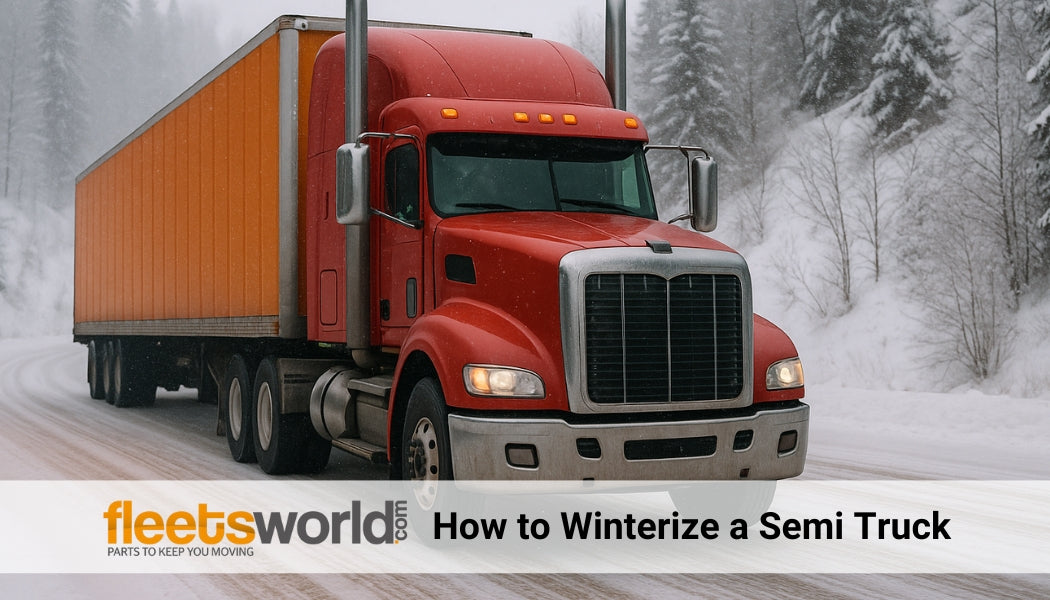 Red semi-truck with orange trailer driving safely through a snowy mountain road during winter