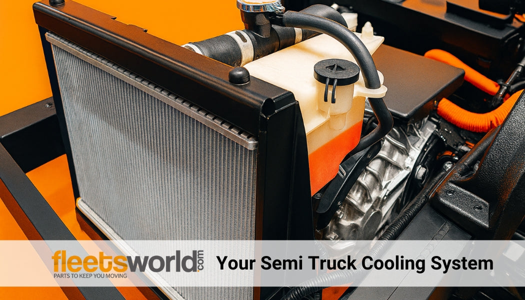 Heavy-duty semi truck radiator with cooling fins highlighted in orange lighting