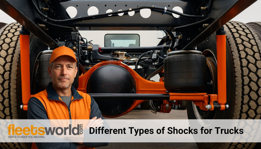 Close-up of a heavy-duty truck rear suspension system with bright orange shocks, leaf spring mounts, and axle housing, highlighting upgraded shock components.