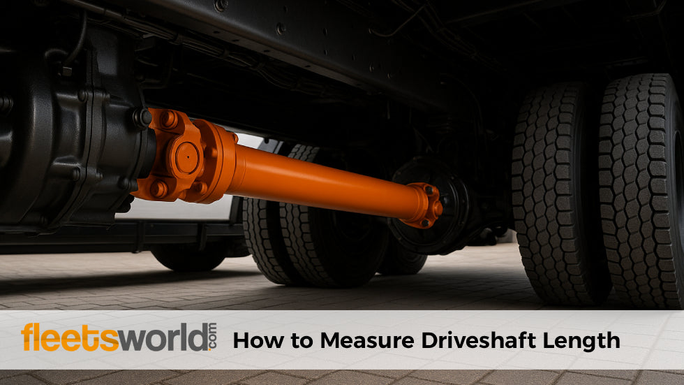 Close-up of a semi-truck’s undercarriage showing a bright orange driveshaft connected between the transmission and rear axle, with dual rear tires visible on a paved surface.