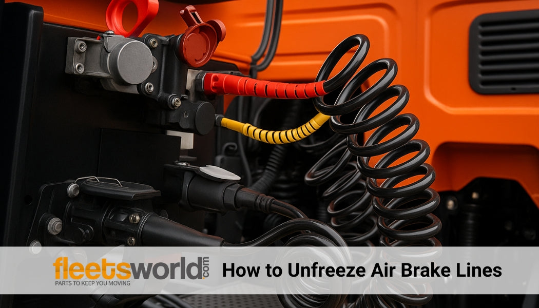 Frozen semi-truck air brake lines with frost buildup on coiled service and emergency hoses during winter conditions