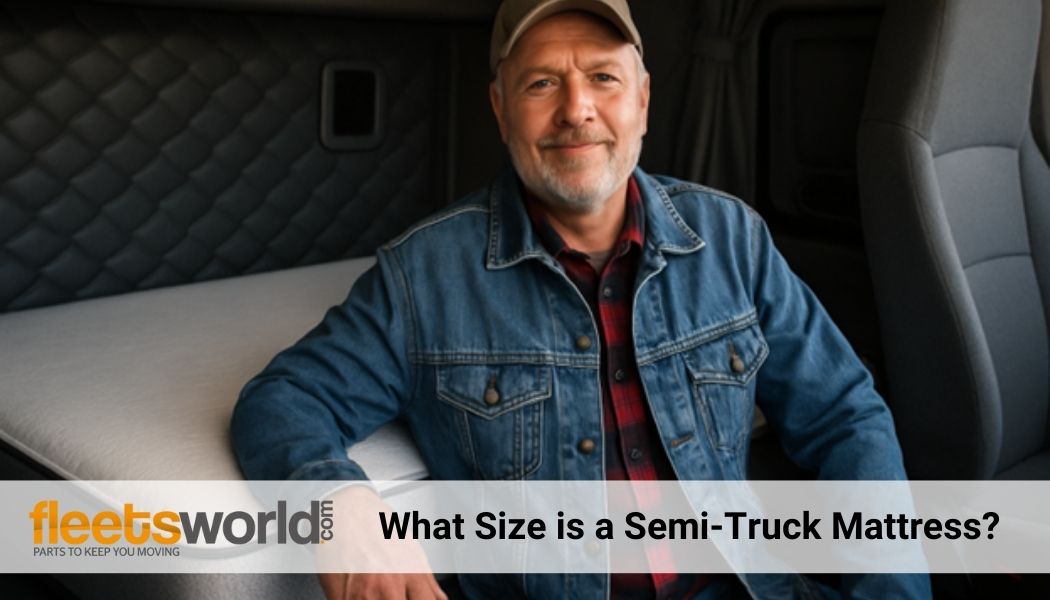 Interior of a semi-truck sleeper cab with a standard twin-size mattress setup.