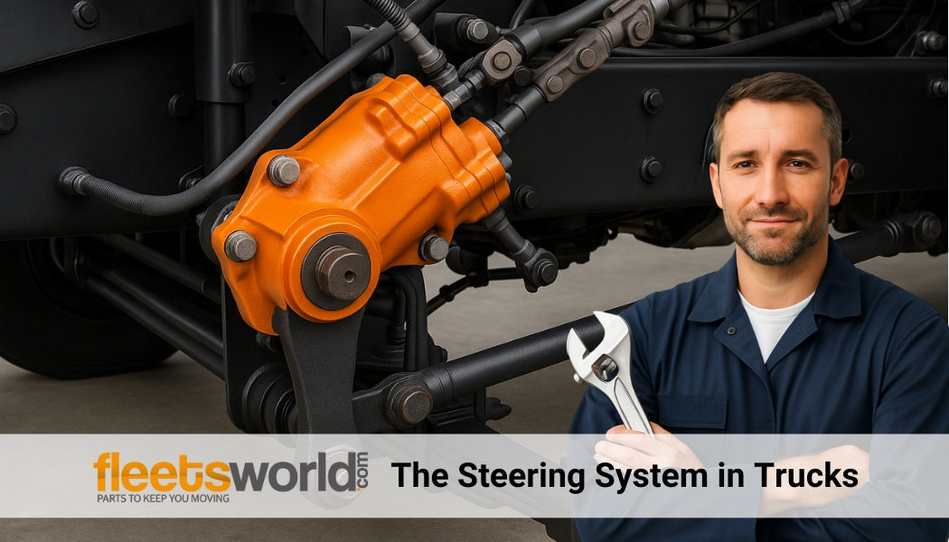 Close-up of a truck steering system in a clean shop setting, showing the orange-painted steering gearbox, pitman arm, and drag link connected to the black chassis frame.