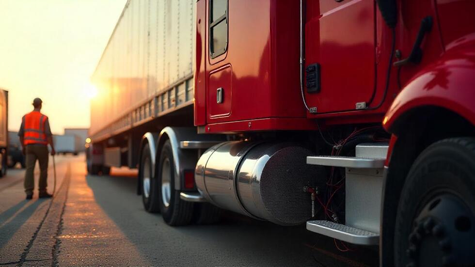 Red semi-truck parked at sunset with a worker in a safety vest nearby.