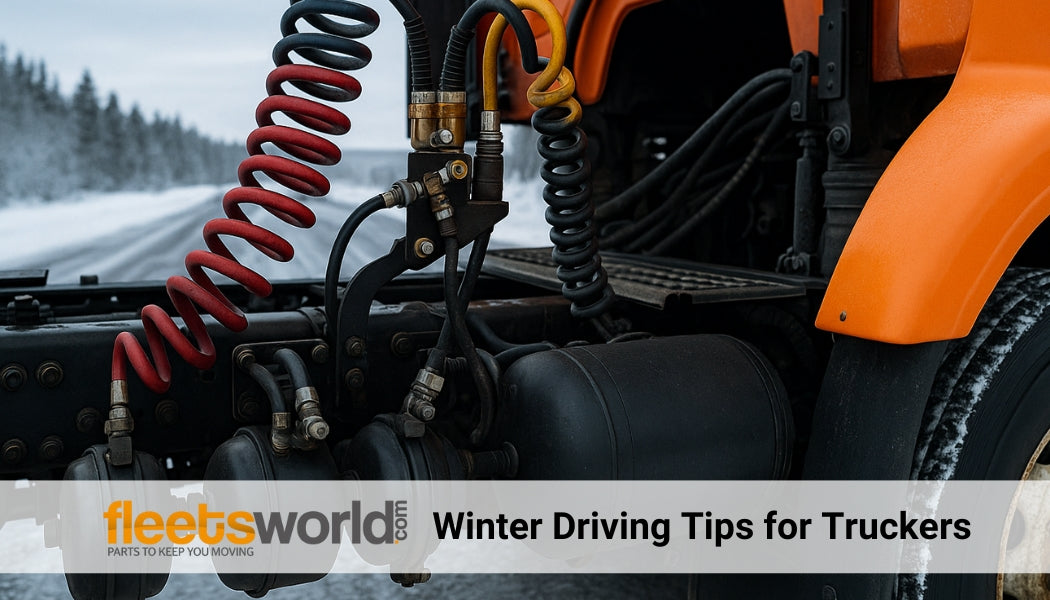 Rear view of a semi-truck parked on an icy winter road, showing visible air brake components under the trailer. Snowy background and cold-weather conditions emphasize the importance of winter brake prep.